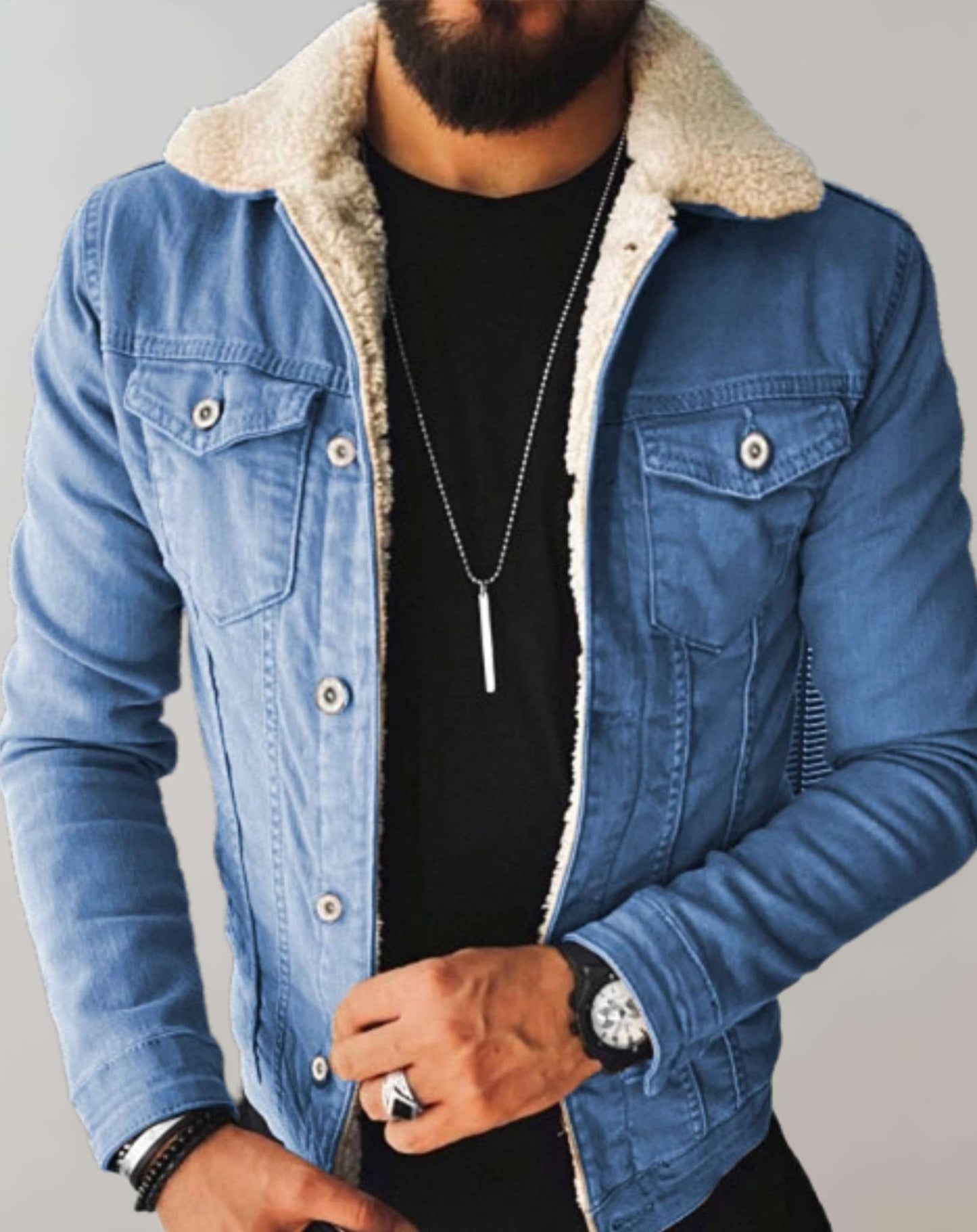 Ejay - Warm denim jacket with thick fleece collar lining.