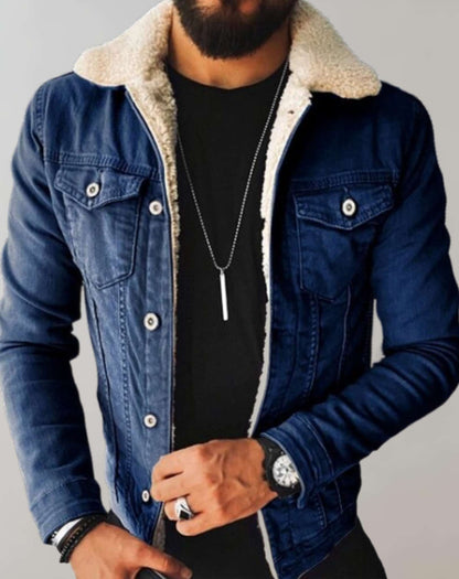 Ejay - Warm denim jacket with thick fleece collar lining.