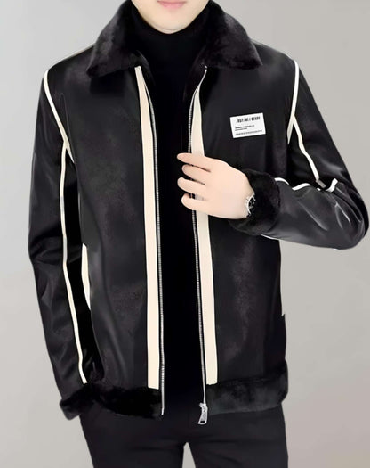 Calvin - Warm leather jacket with fleece lining, collar, and zippered closure.