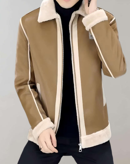 Calvin - Warm leather jacket with fleece lining, collar, and zippered closure.